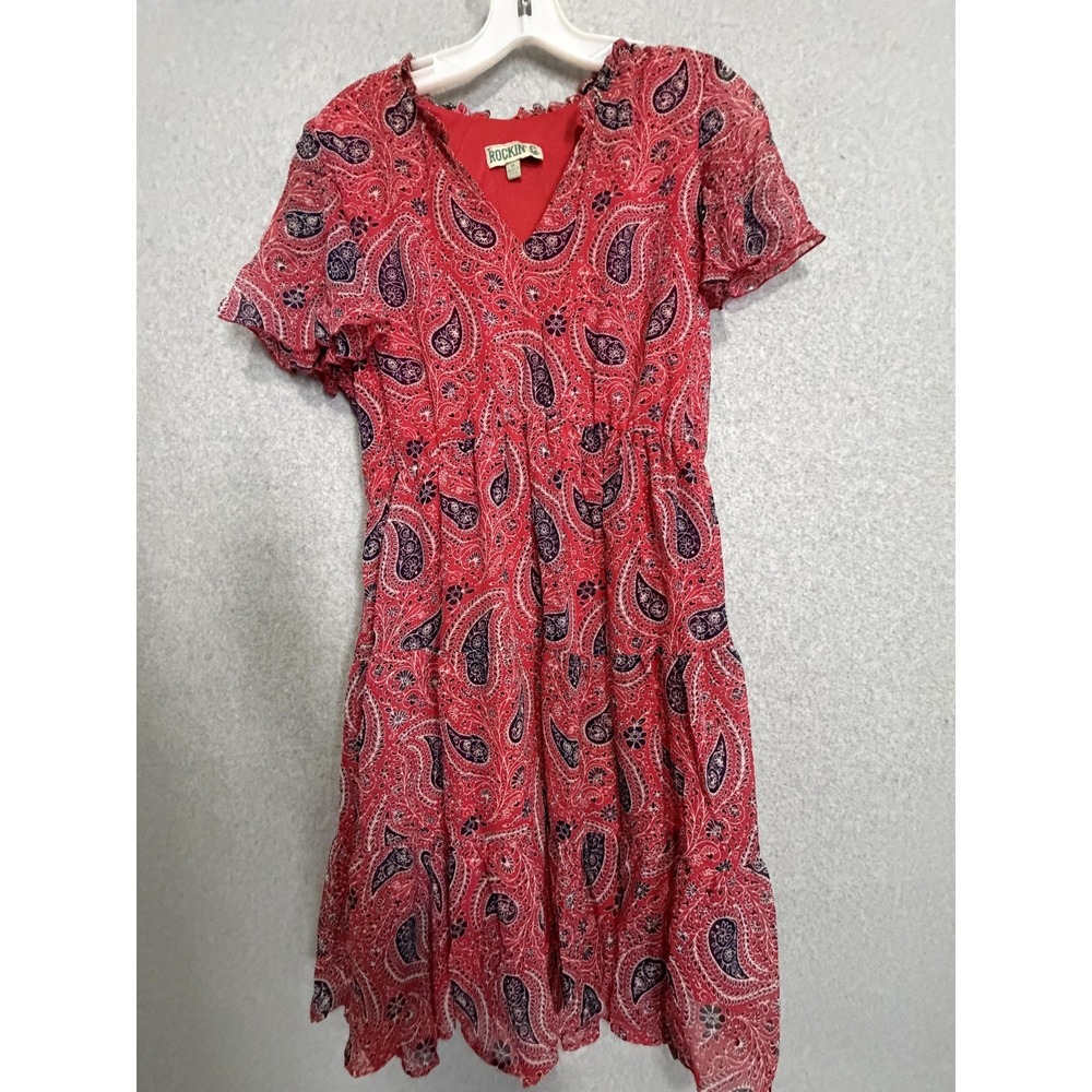 Vintage Rockin' C Dress Womens M Red Paisley V Neck Chiffon Fit & Flare Boho